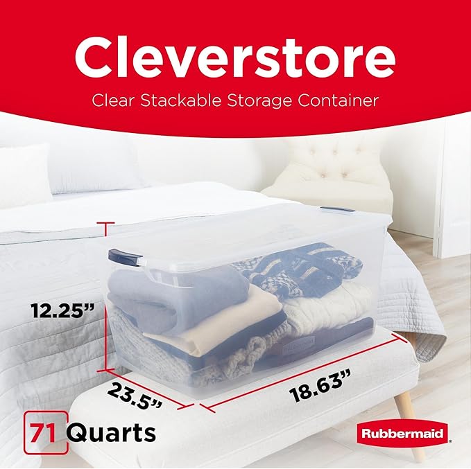 Rubbermaid Cleverstore 71 Qt Clear Storage Bins with Lids, 4-Pack, Stackable, BPA-Free, Made in USA