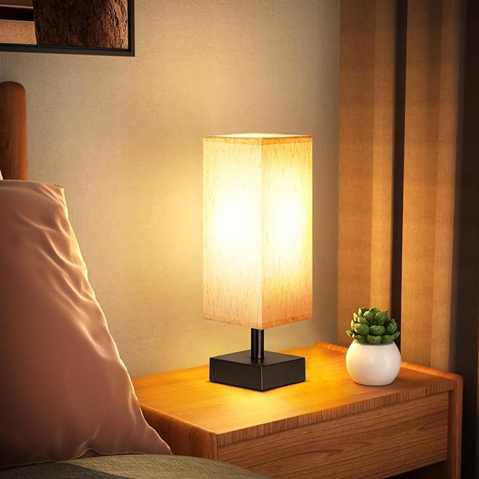 aooshine Small Bedside Table Lamp for Bedroom - Square Cream Fabric Shade | Inline Rocker Switch, Corded Electric, Bulb Not Included, 12.8" Mini Table Lamp for Nightstand, Desk, Dorm, Office