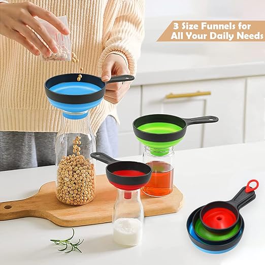 Funnels for Filling Bottles, Wide Mouth Canning Funnel for Kitchen Use Mason Jars, Small Funnel for Transfer Liquid, Oil and Powder, Food Grade Silicone Collapsible Filter Set (3 Pack)