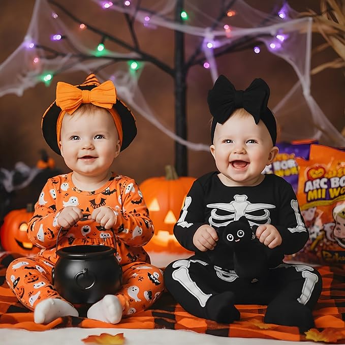 Halloween Baby Girl Bows Newborn Headband Stretchy Double Bows Soft Infant Toddlers (Red& White& Orange)