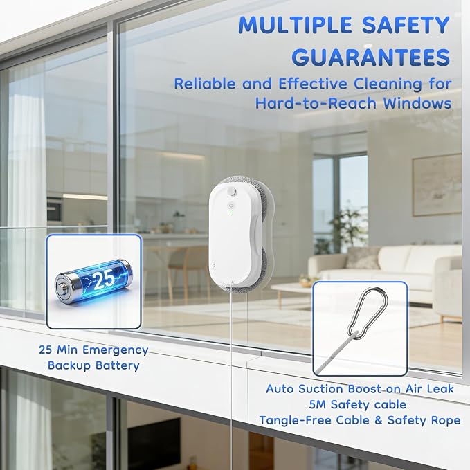 2026 Updated Window Cleaning Robot - Enhanced Battery, Max 6400Pa, Path Planning, Anti-Slipping, Edge Detection, Window Cleaner Robot for High-Rise Windows (2 pairs of nozzles, 10 cloths) (White)