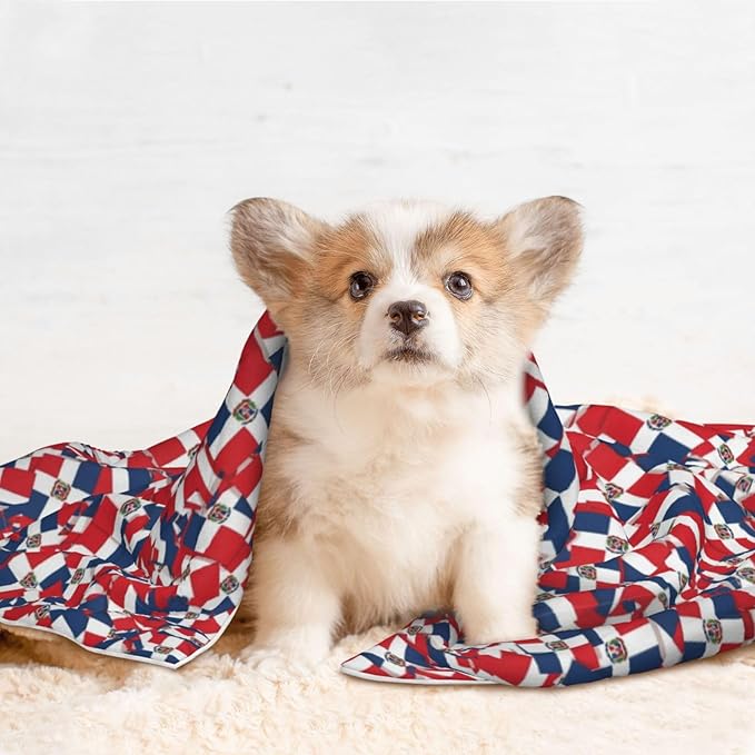 Reversible Plush Throw for Dogs and Cats, Dominican Republic Flag Wave, Double Sided Blanket with Nubby Dot Side and Sleek Side Ideal for Cuddling Nesting Security