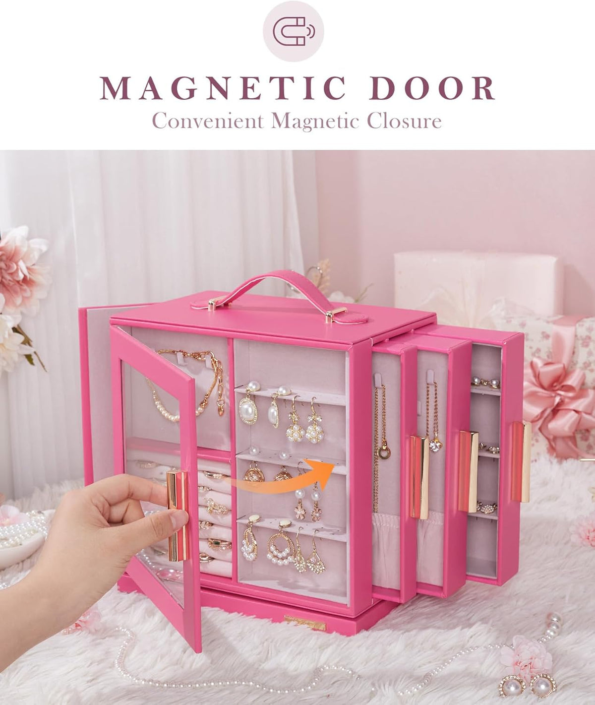 Homde Jewelry Box 360° Rotating, Necklace Earring Organizer with Transparent Window, Mirror, 7 Drawers, Large Ring Display Storage Case for Girls Women (Pink)