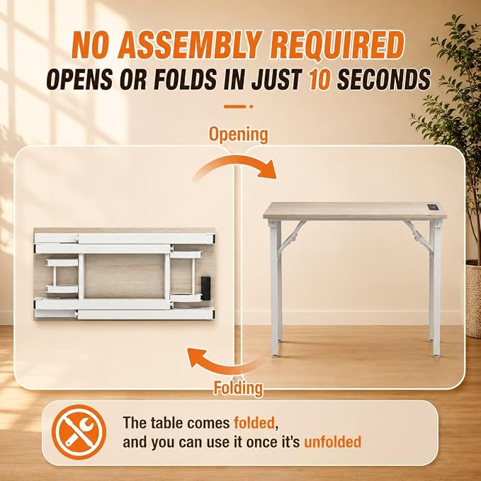 Folding Table Computer Desk - 35.8" No Assembly Folding Desk with Power Outlets & USB Charging Port, Small Desk, Foldable Office Desk, Compact Storage Portable Use for Small Space, White Ash