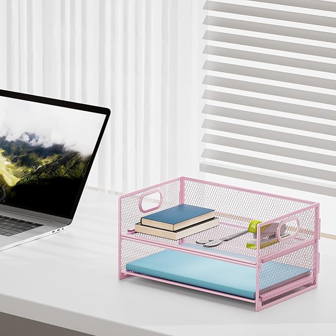 Marbrasse 2 Tier Paper Organizer Letter Tray, Mesh File Organizer with Handle, Paper Sorter Desk Organizer for Home Office Supplies - Pink