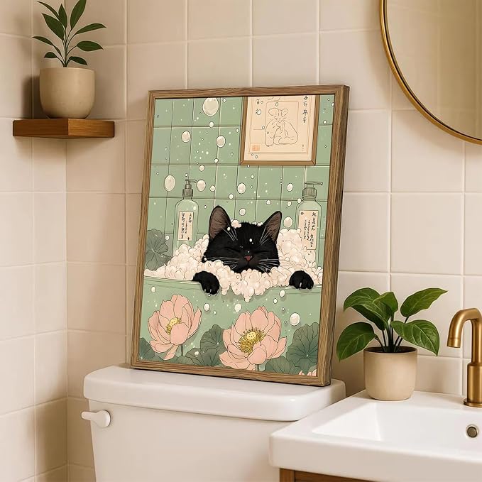 Funny Japanese Black Cat Bathroom Wall Art, Cute Black Cat in Bathtub Wall Decor Picture, Whimsical Japan Animal Bathroom Poster Canvas Prints Painting Artwork 12x16 inch Framed