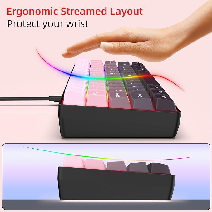 Snpurdiri 60% Wired Gaming Keyboard, Pink-Black | 61 Keys, RGB Backlit Ultra-Compact Small Gaming Keyboard for PC/Mac Gamer, Typist, Travel, Easy to Carry on Business Trip