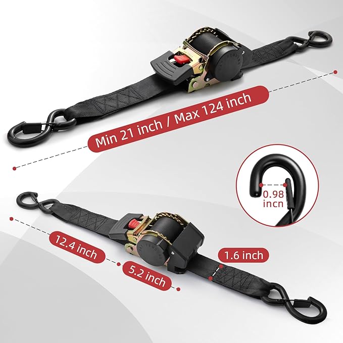 Auto Retractable Ratchet Tie-Down Straps 4500 lbs, 2in × 10ft Self-Retracting Ratchet Straps with Dampers, Heavy Duty S-Hooks, Auto Retract Strap System for Cargo, Trucks, Trailers, Blcak, 2 Pack