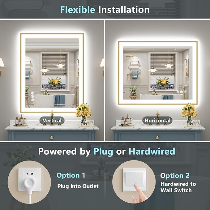 44x30 Gold LED Bathroom Mirror with Lights, Brushed Gold Framed Backlit and Front Lit Anti-Fog Lighted Vanity Mirrors for Bathroom Wall, Dimmable, 3 Colors, Memory, HD Tempered Glass, CRI＞90