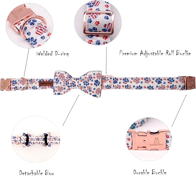 Lionheart American Flag Dog Collar with Bow - Adjustable for Medium Dogs