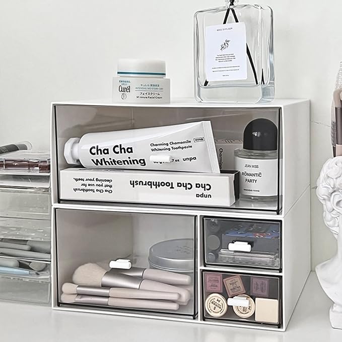 Desk Organizer Stackable Storage Drawers with 3 Compartments Stackable Drawers Great for Desk Storage, Makeup Storage Bathroom Organization Accessories Etc (White)