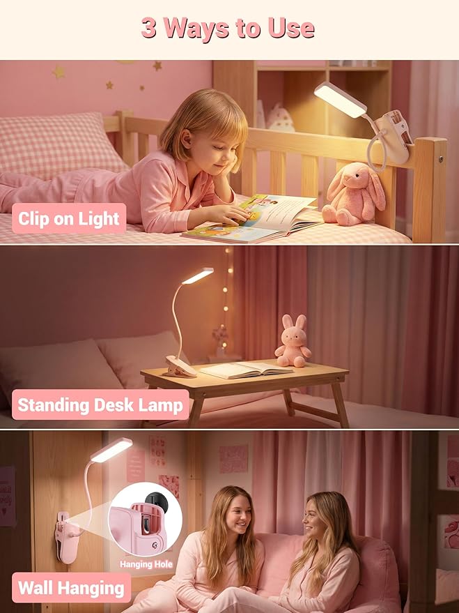 Pink Desk Lamp for Dorm Lamp, 9 Brightness+5 Color Clip on Light, Cute Lamp | 4000mAh Battery Rechargeable, Small Pink Lamp for Girls/Kids, Cordless Clip on Reading Light for Bed/Headboard/Bedside Table