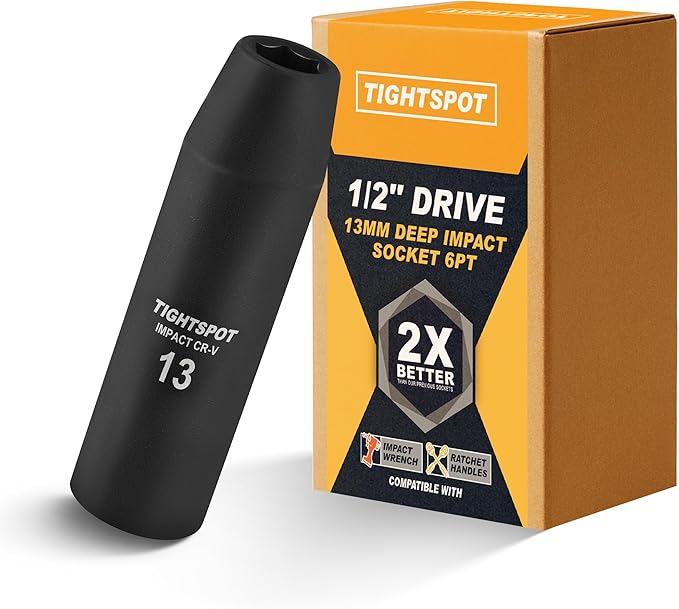 TIGHTSPOT 1/2 Inch Drive 13 mm Deep Impact Socket with Anti-Rounding 6 Point Design, Heat-Treated CRV Steel