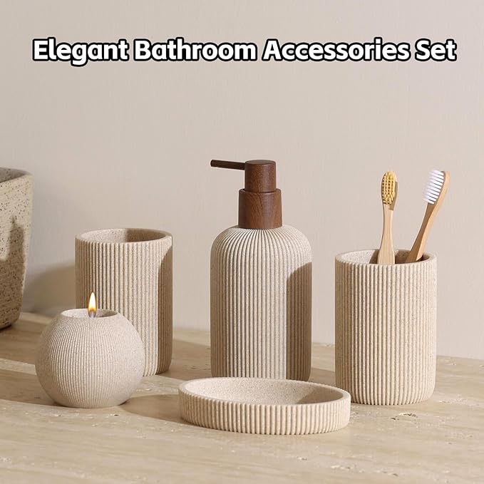 Bathroom Accessories Set, 5 PCS Sandstone Look Stripe Modern Bath Organizer with Soap Dispenser, Toothbrush Holder, Tumbler, Soap Dish, Candle Holder for Countertop Kitchen Sink (Beige)