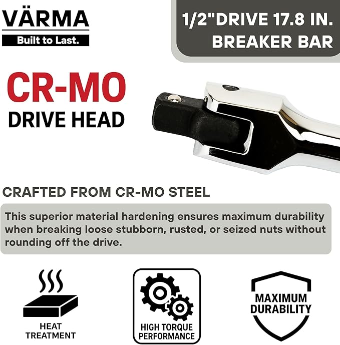 1/2-Inch Drive Breaker Bar, 18-Inch – Heavy Duty CR-MO Head & 18mm Thick Shaft – Dual-Knurled Non-Slip Grip, Constant Tension Flex Head, Premium Mirror Chrome Finish
