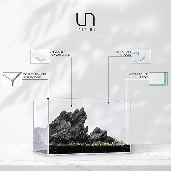 UNS Ultra Clear Rimless Tank - 9.3GAL | 35.2L - 17.71x11.02x11.02 | 45x28x28 CM, 5mm Glass Thickness, Leveling Mat Included - Low Iron, High Clarity Fish Tank w/ 45° Mitered Edge - [45U]