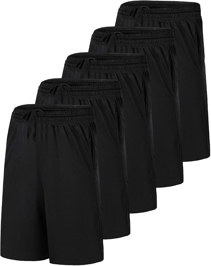 5 Pack Men's Mesh Shorts Athletic Basketball Sports Gym Workout Pockets | Cooling Moisture-Wicking, 9", Long, Quick-Dry, Breathable, Elastic Drawstring Waistband. Running, Exercise, Soccer, Training.