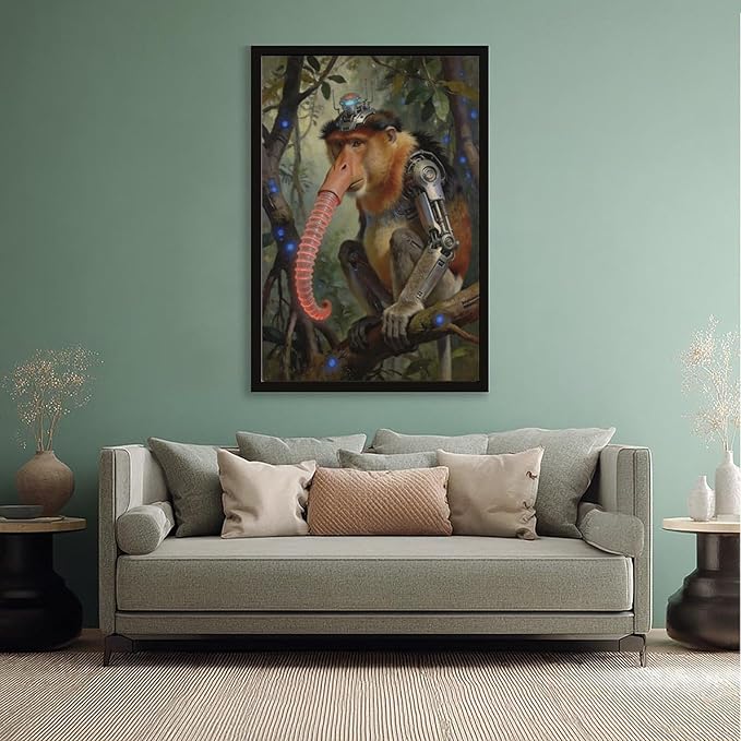 Framed Steampunk Mechanical Proboscis Monkey Wall Art - Jungle Neon Retro Poster for Apartment Leisure Area Decor 08x12in