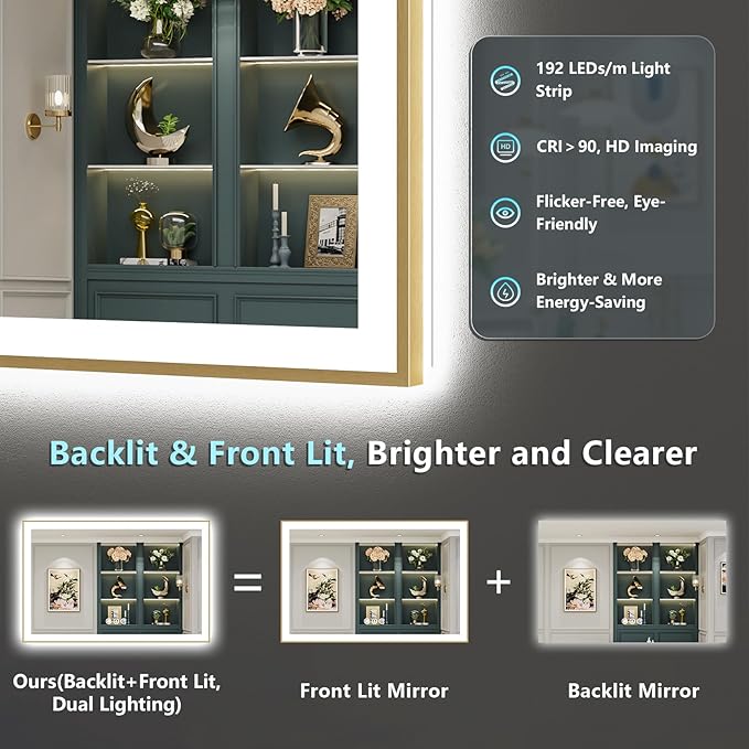 55x36 Gold LED Bathroom Mirror with Lights, Brushed Gold Framed Backlit and Front Lit Anti-Fog Lighted Vanity Mirrors for Bathroom Wall, Dimmable, 3 Colors, Memory, HD Tempered Glass, CRI＞90