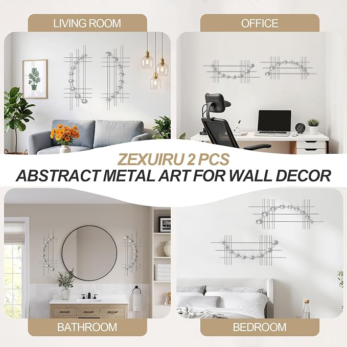 ZEXUIRU 2 Pcs Abstract Metal Art for Wall Decor Living Room Bedroom Bathroom Office Metal Bling Modern Geometric Hanging Vertical Small Iron Sculpture Plaque Pack -Silver 15.7in