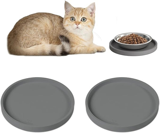 Arespark Pet Silicone Food Mat, Set of 2 Nonslip Waterproof Feeding Bowl Mat with Raised Edges for Food and Water Prevent Spills, Round Eating Tray for Dog Cat Puppy Kitten, 6'' x 6''