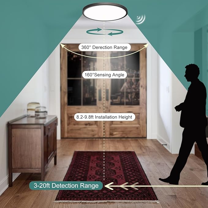 2 Pack Motion Sensor Ceiling Light with Remote,24w Flush Mount Light Fixture Round,Motion Sensor Light Indoor Wired for Hallway Porch Laundry Garage Basement,Motion Light 3000k/4000k/6000k Black