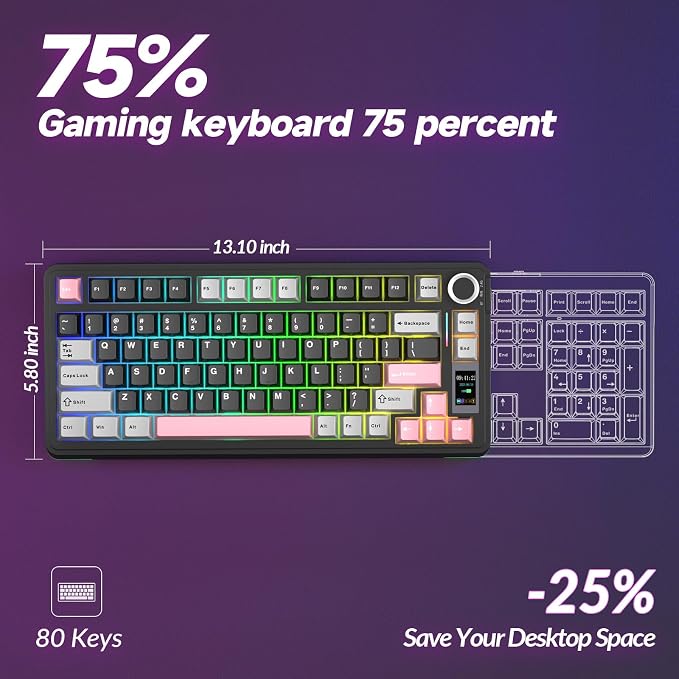 AULA S75 PRO Wireless Mechanical Keyboard with Screen&Knob, 75% Hot Swappable Gaming Keyboard with Pre-lubed Switches, RGB Backlit, PBT Keycaps Creamy Sounding Pc Gaming Keyboards