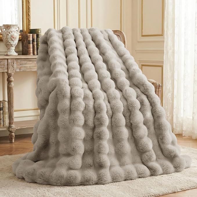 L'AGRATY Faux Rabbit Fur Throw Blanket for Couch, 90'' x 90'', Castle Grey | Soft Cozy Bubble Fluffy Blanket for Sofa Bed, Thick Warm Plush Fuzzy Throw for Room Home Decor, Luxury Gift for Women Mom