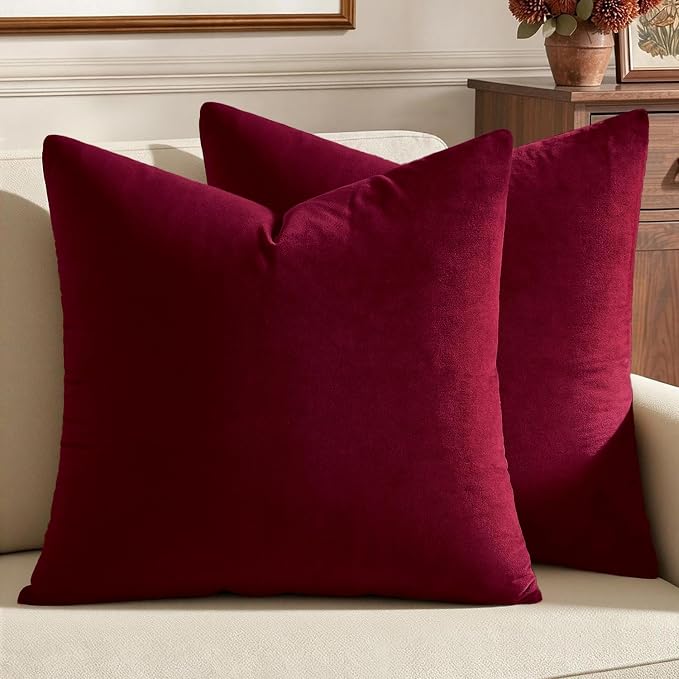 MIULEE Velvet Throw Pillow Covers 18x18 Inch Pack of 2 Wine Red | Soft Solid Decorative Pillow Covers, Modern Luxury Home Decor, for Couch Chair Sofa Bedroom Livingroom