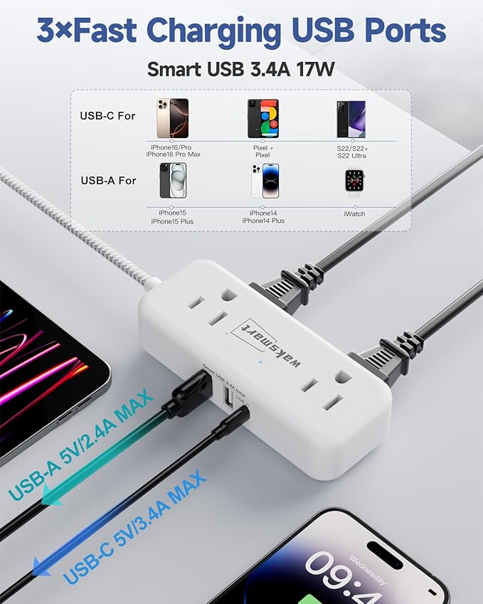 Flat Plug Extension Cord 15 Feet with 4 AC Outlets 3 USB Ports (5V/3.4A 17W), 15Ft Long Braided Cord for Home Office Dorm 13A 1625W