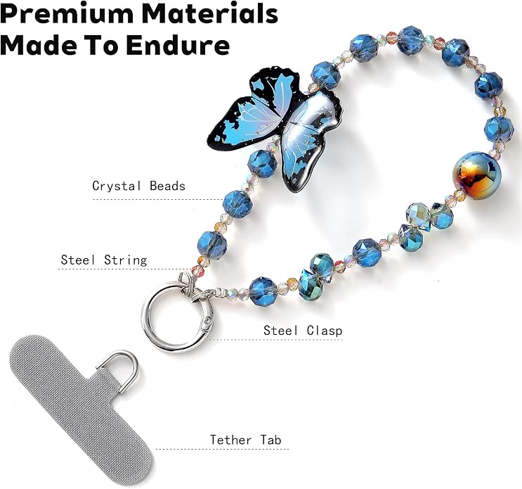 Phone Charm with Beaded Crystals, Anti-Theft Phone Strap, Hands-Free & Detachable Cellphone Lanyard, Cellphone Chain Wristlet with Tether Tab