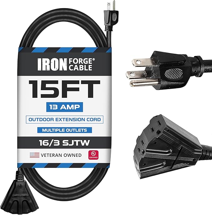 Iron Forge Cable 15 Ft Black Extension Cord with 3 Outlets - 16/3 SJTW 15 Foot 3 Outlet Outdoor Extension Cord 3 Prong, Weatherproof Exterior Power Cable for Outdoor