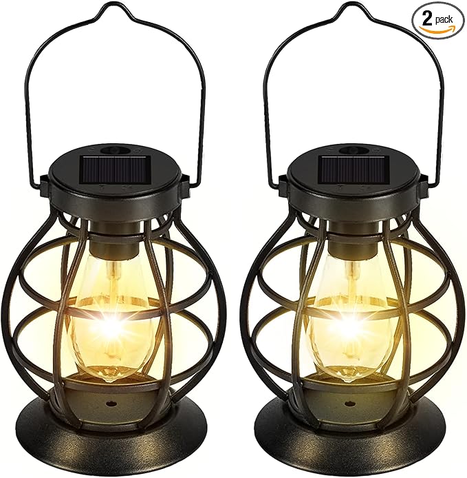2 Pack Solar Lanterns Outdoor Hanging Lantern Lights, Metal Decor Lantern, Waterproof LED Decorative Garden Light - Garden Decoration for Patio, Yard, Pathway, Landscape