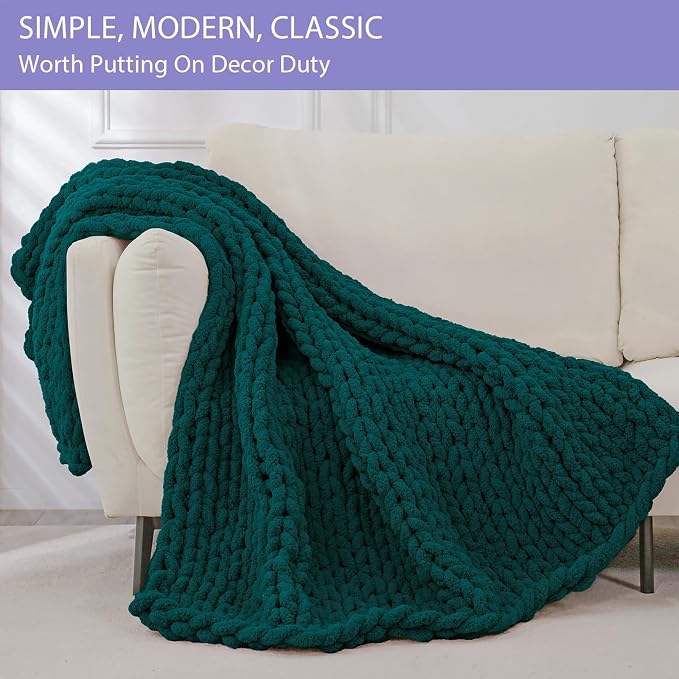 Bigacogo Chunky Knit Throw Blanket for Couch, 40x40 inches, Dark Green | Hand Knit with Jumbo Chenille, Soft Breathable Cable Knit for Sofa Bed Living Room, Machine Washable, Gift for Mom Friend