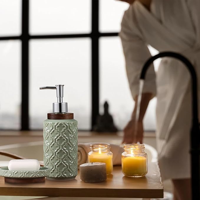 RQYIXI Elegant 4 PCS Ceramic&Wood Bathroom Accessories Set:Soap Dispenser,Toothbrush Holder,Tumbler,Soap Dish,Easy to Clean,Quatrefoil Pattern,Green-Affordable Luxury for Home Decor Enthusiasts