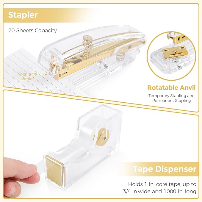 SKYDUE Gold Office Supplies Set, Pencil Holder for Desk,Gel Pen, Stapler, Tape Dispenser, Scissors,Clips and 1000pcs Staples, Office Decor for Women, Gold Desk Accessories