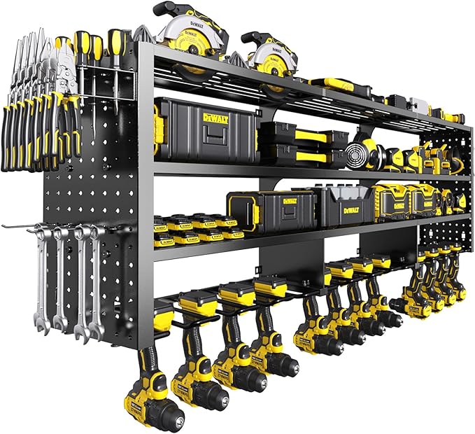 49" W Large Power Tool Organizer Wall Mount, 4 Layer Heavy Duty Metal Tool Storage Rack with 12 Drills Holder, Utility Racks for Garage Workshop, Ideal Garage Organization