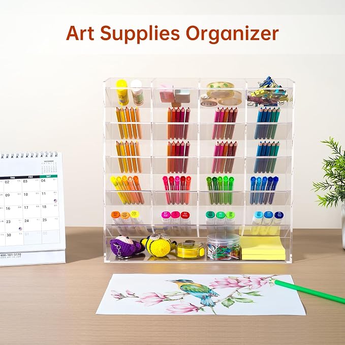 BEYGORM Acrylic Vertical Marker Organizer for 250 Markers, Desk Orgaizer | 21 Compartments Clear Angled Pen & Pencil Holder, Large Stationery & Art Supply Storage for School (13 x 12.5 x 4 Inch)