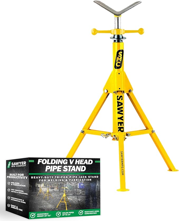 Sawyer Mfg Company Folding V Head Pipe Stand - Heavy Duty Steel Tripod Welding Jack Stand for Pipe Support, Threading, Grooving & Cutting - Adjustable Height 28" to 52" - Portable, Compact & Durable