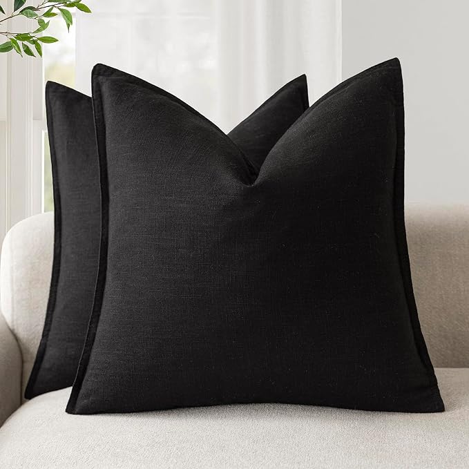 Foindtower Pack of 2, Decorative Linen Solid Throw Pillow Covers Soft Accent Cushion Case Boho Farmhouse Neutral Pillowcase for Chair Couch Sofa Bedroom Living Room Home Decor 16 x 16 Inch Black