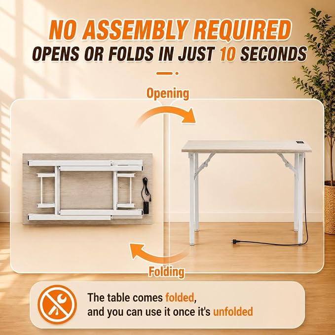 Folding Table Computer Desk - 43.3" No Assembly Folding Desk with Power Outlets & USB Charging Port, Small Desk, Foldable Office Desk, Compact Storage Portable Use for Small Space, White Ash