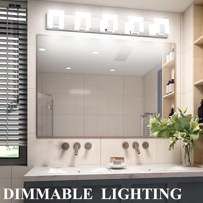 Aipsun Modern 5-Light LED Vanity Light - Dimmable Chrome Bathroom Wall Light Over Mirror (White Light)