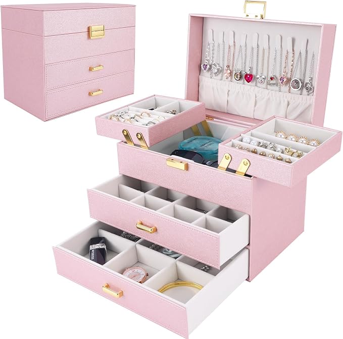 Jewelry Organizer Box, Large Jewelry Boxes for Girls, Space-Saving 4 Layers Jewelry Storage Case with Drawer, Gift for Women, Movable Metal Stand, Modern (Pink+ Gold)