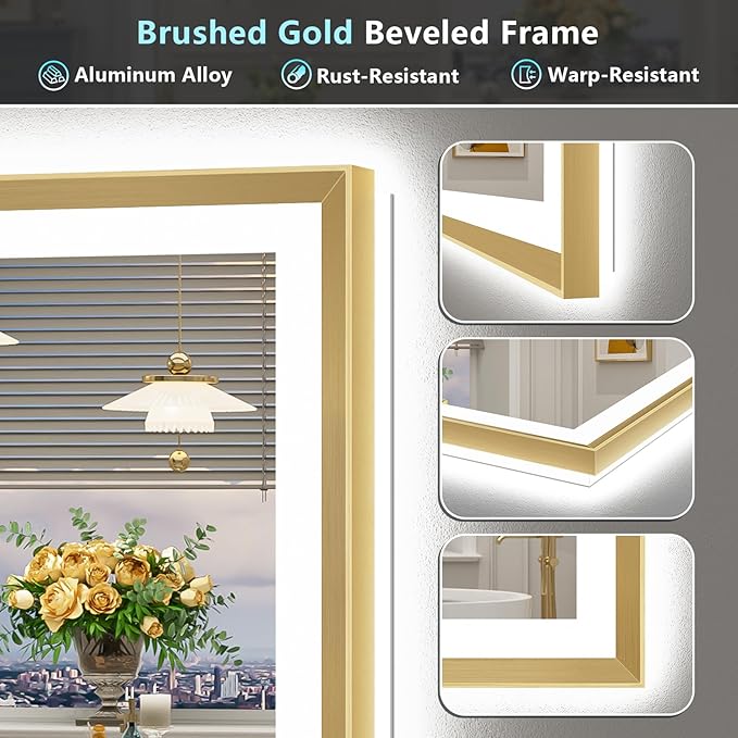 44x36 Gold Beveled LED Bathroom Mirror with Lights, Brushed Gold Framed Backlit and Front Lit Anti-Fog Lighted Vanity Mirrors for Bathroom Wall, Dimmable, 3 Colors, Memory, HD Tempered Glass
