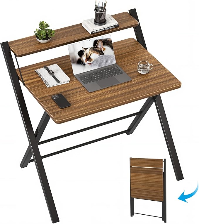 GreenForest Folding Desk No Assembly, Sturdy Computer Desk for Small Spaces | Portable Foldable Table for Laptop, 2-Tier Compact with Shelf, Space Saving for Home Office, Dorm, Apartment, 27"x 22" Walnut