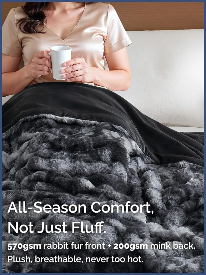 3D Fleece Bubble Blanket Queen - Rabbit Blanket - 90" x 90", Marble Black | Soft Fluffy Faux Fur Blanket for Couch Sofa & Chair, Cozy Gifts for Women, Tie Dye Cloud Throw Bed Cover, Thick Plush Bedding