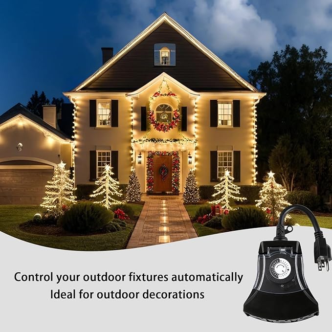 Outdoor Timer Outlet Waterproof, 24 Hour Mechanical Timer Outlet for Home and Garden, 3 Grounded, 15A 3/4HP, Black, 1 Pack