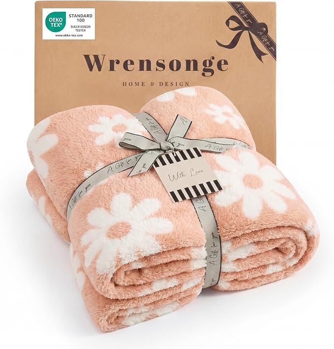 Soft Throw Blanket for Couch-Cozy Reversible Knitted Blankets | Lightweight Warm Fluffy Decor for Women, Mom, Her & Girls, Sofa, Chair, Bed, 50x70in,Daisy Floral Peach Orange