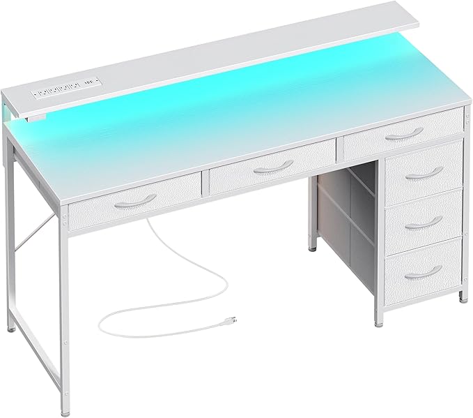 Huuger Gaming Desk with 6 Drawers, Computer Desk with LED Lights Power Outlets and Type-C, 47 Inch Office Table with Storage, Monitor Stand, Writing & Work Home Office, Bedroom, Study, White
