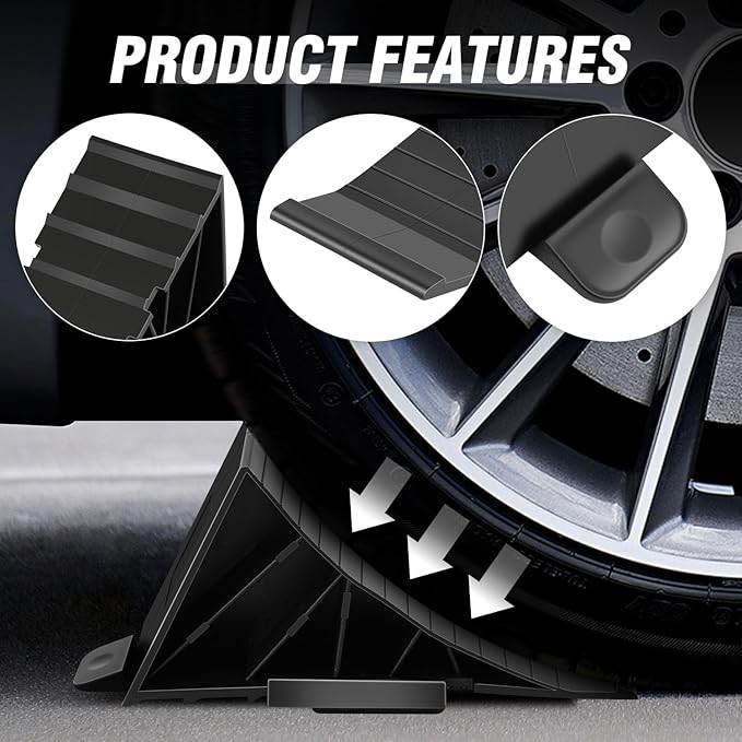 DNA Motoring 2pcs Wheel Chocks Tire Chocks, Trailer Wheel Chocks RV Wheel Chocks for RV Trailer, Keeps Trailer in-Place, with Bracket, Black, TOOLS-00697